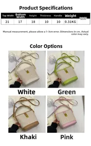 Size chart for straw bucket bag showing dimensions and four available colors with hardware