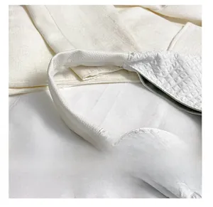 Detailaufnahme der weißen Handtasche mit minimalistischer geometrischer Prägestruktur
