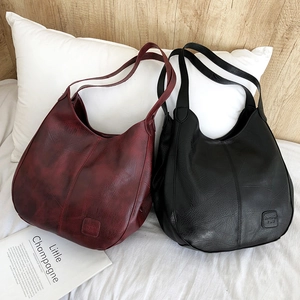 Vintage soft leather tote bag for women, spacious shoulder bag in burgundy and black