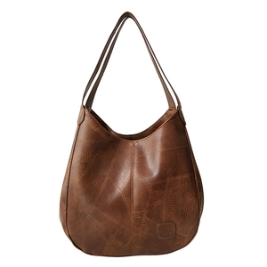 Retro brown leather tote bag for women with geometric patchwork and large capacity