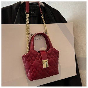 Detail of burgundy quilted handbag featuring golden metal buckle and chain strap