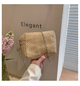 Detail of woven straw handbag with silver chain strap and tight textured pattern