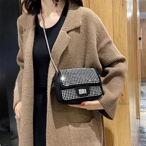 Borsa a Tracolla con Strass di Moda per Donna Piccola Borsa Quadrata con Catena Elegante Borsa da Sera in PU con Patta