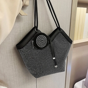 Women Fashion Rhinestone Tote Bag Large Capacity PU Leather Shoulder Bag With Round Coin Purse Pendant Shiny Handbag