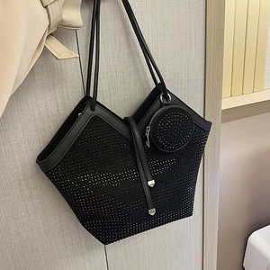 Minimalist black rhinestone tote bag with matching round coin purse for women