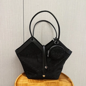 Fashionable black rhinestone tote bag set with matching round coin purse for women