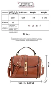 Tabella taglie dettagliata della borsa vintage in pelle cerata con dimensioni e materiali PU