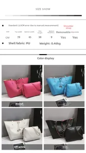 Size chart showing large capacity PU leather tote bag and inner pouch measurements