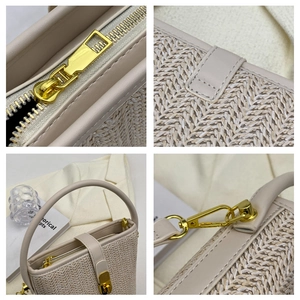 Detailed views of the beige woven tote showing gold zippers and leather strap hooks
