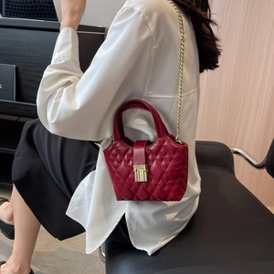 Quilted burgundy mini handbag with gold chain strap and metallic lock for women