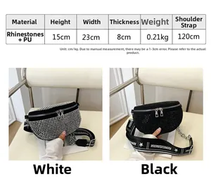 Détail du sac demi-lune à strass avec bandoulière imprimée et spécifications de taille