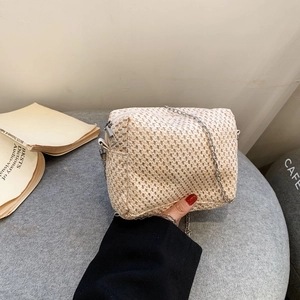 Beige woven straw box crossbody bag with silver chain strap for summer vacations