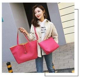 Detailed view of the rose red lychee grain leather tote bag and crossbody bag set