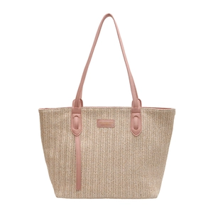 Sac fourre-tout en paille minimaliste avec bordure en cuir rose et motif tissé