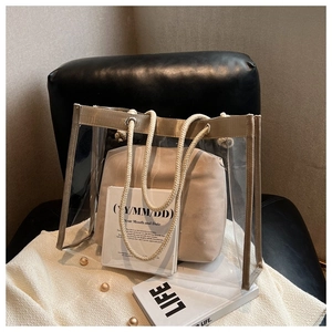 Detail of transparent tote bag with canvas inner pouch and champagne silk trim