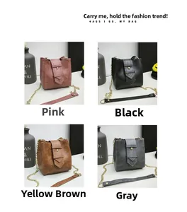 Collage of mini crossbody bags in pink, black, brown and grey with chain straps