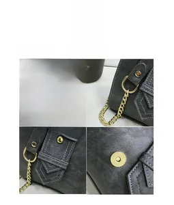 Detail view of dark grey vintage PU leather crossbody bag with golden chain and hardware
