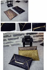 Close-up of sparkling sequin envelope clutch bag with elegant golden metal closure detail