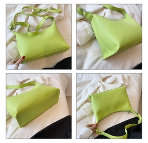 Dettaglio della borsa hobo verde lime che mostra la pelle martellata e le finiture
