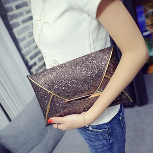 Women Sequin Envelope Clutch Bag Metallic Trim Evening Party Handbag Simple Stylish PU Leather Shiny Bridal Purse