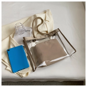 Detail of transparent PVC tote with canvas trim and rope handles on minimalist background