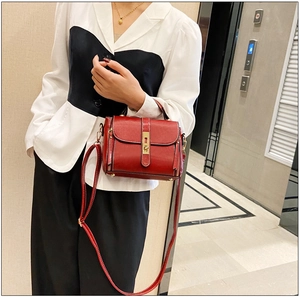 Vista dettagliata della borsa a mano in pelle cerata rossa con fibbia dorata su modella