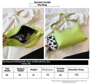 Detaillierte Größentabelle für neongrüne Eimertasche mit genauen Abmessungen und Maßen