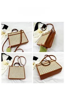 Detailed views of handmade woven straw tote bag with brown leather trim and handles