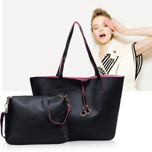Large Capacity Litchi Grain PU Leather Tote Bag And Crossbody Bag Set For Women Contrast Color Shoulder Bag With Metal Rings