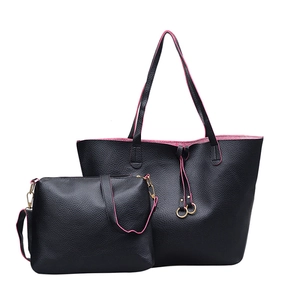 Women's black pebbled faux leather tote and crossbody bag set with pink contrast trim