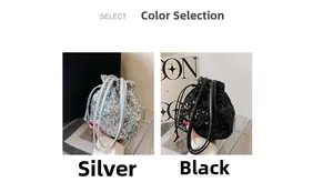Détails des sacs seaux à paillettes en argent et noir avec poignées à cordon élégantes