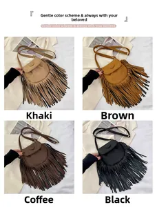 Four colors of faux suede tassel saddle bags including khaki, brown, coffee and black