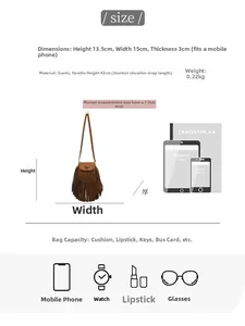Detailed dimension guide for brown suede tassel crossbody bag showing size and capacity