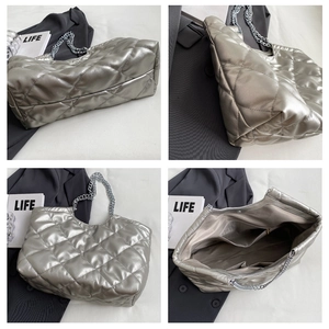 Detailed views of silver quilted tote bag showing interior pockets and metal chain straps