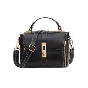Borsa a mano retrò in pelle cerata nera con cuciture bianche e chiusura dorata