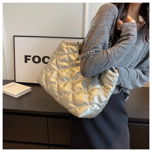 Quilted silver chain bag detail showing metallic texture and large tote capacity