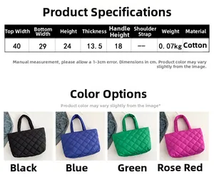 Size chart and dimensions for large quilted cotton tote bag in multiple colors