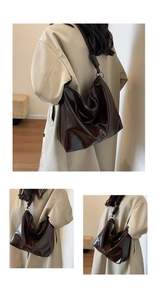 Detailed views of dark brown glossy leather tote bag with braided handle accents
