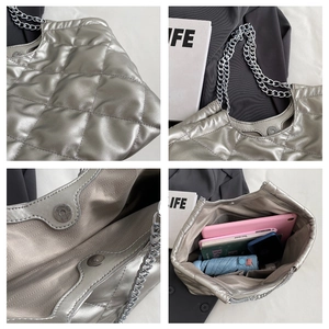 Detailed views of silver quilted tote bag showing magnetic clasp and large capacity