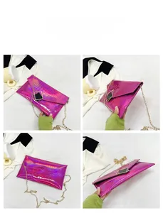 Detailed four-way views of an iridescent crocodile pattern envelope bag with gold chain