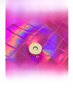 Macro detail of holographic crocodile pattern bag featuring a golden magnetic snap closure