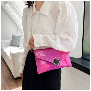 Pink holographic crocodile pattern envelope clutch bag with golden chain and metal buckle