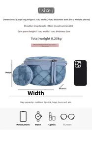 Maattabel voor denim crossbody tas met kleine ronde muntportemonnee en afmetingen