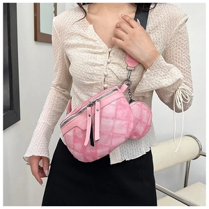 Detailweergave van roze geruite crossbodytas met bijpassend rond tasje op een model