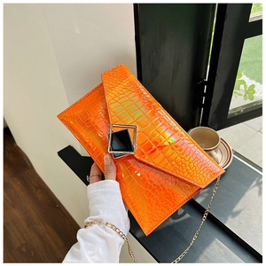Detail of laser orange crocodile pattern envelope bag with double square metal buckle