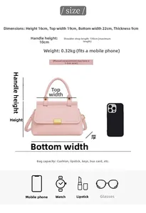 Detailed size diagram of pink lychee leather handbag showing dimensions and storage capacity