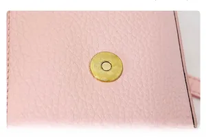 Macro shot of golden magnetic buckle on pink lychee pattern leather with precise stitching