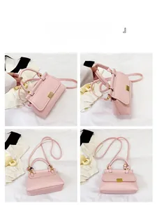 Detailed views of pink lychee pattern crossbody bag with gold hardware and top handle