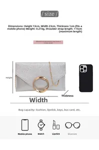 Size guide for silver sequin envelope bag with dimensions and capacity icons
