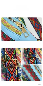 Macro details of ethnic embroidered fanny pack featuring gold zippers and jacquard straps
